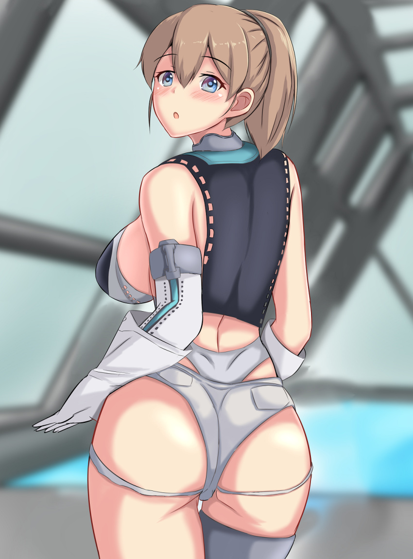 ass black_swimsuit blue_eyes breasts brown_hair competition_swimsuit cosplay elbow_gloves eyebrows_visible_through_hair from_behind gloves hair_between_eyes highres indoors intrepid_(kancolle) kantai_collection large_breasts looking_at_viewer looking_back medium_hair montemasa multicolored_clothes one-piece_swimsuit open_mouth ponytail rei_no_pool scamp_(kancolle) scamp_(kancolle)_(cosplay) short_shorts shorts swimsuit thigh_strap white_gloves