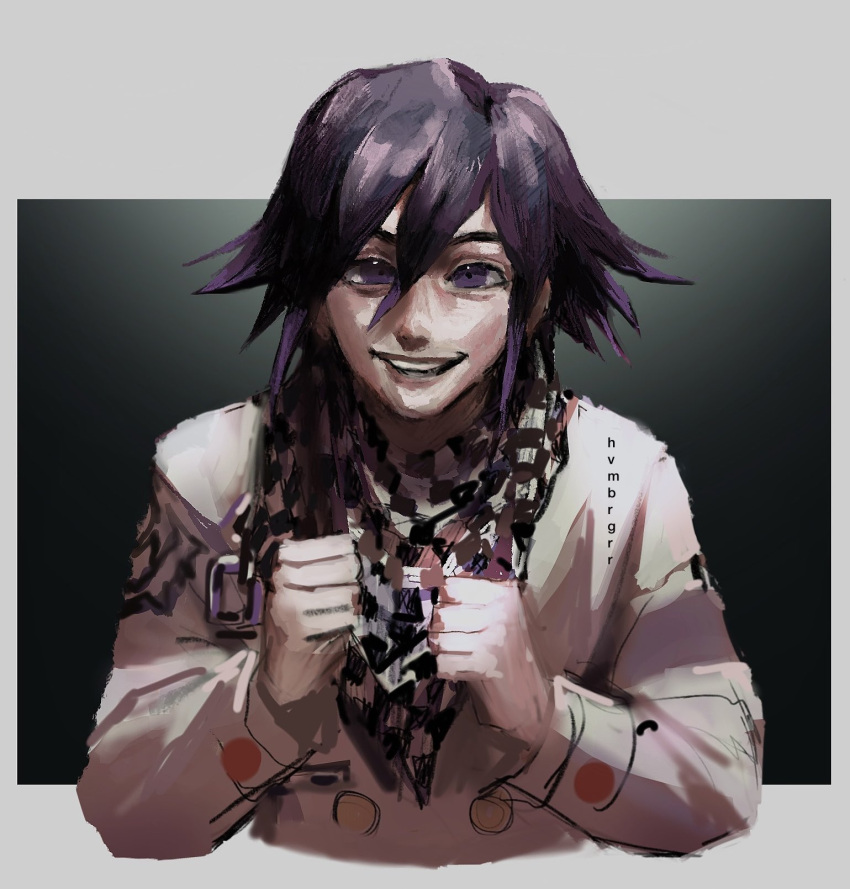 1boy artist_name checkered_clothes checkered_scarf clenched_hand clenched_hands danganronpa_(series) danganronpa_v3:_killing_harmony eyebrows facing_viewer highres hvmbrgrr jacket long_sleeves looking_at_viewer open_mouth ouma_kokichi purple_hair realistic scarf sleeve_cuffs smile teeth violet_eyes white_jacket