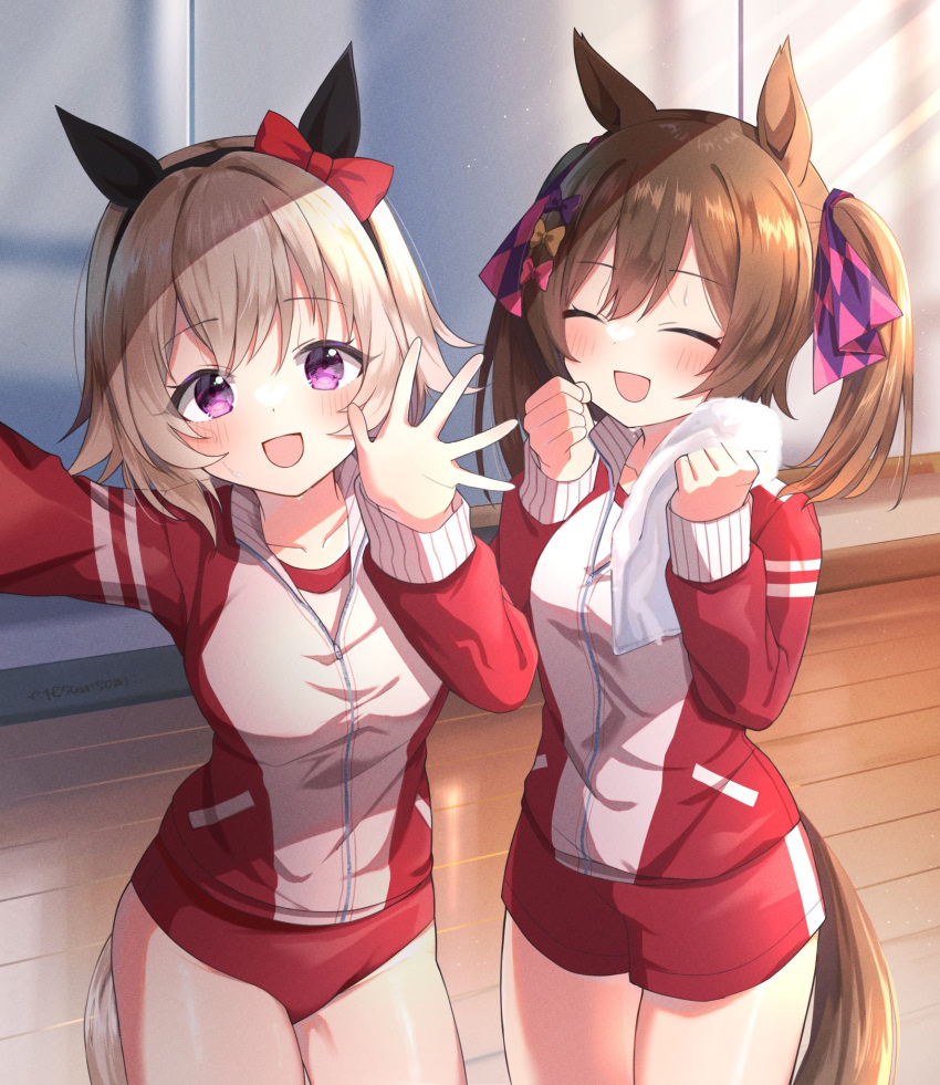 2girls animal_ears bangs blush bow_hairband buruma closed_eyes collarbone commentary_request cowboy_shot curren_chan_(umamusume) etesumsom grey_hair gym_uniform hair_between_eyes hairband hands_up highres horse_ears horse_girl horse_tail indoors jacket long_sleeves mirror multiple_girls open_mouth outstretched_arm partially_unzipped red_jacket red_shorts selfie shirt shorts smart_falcon_(umamusume) smile tail towel track_jacket twintails umamusume violet_eyes waving white_shirt wooden_floor