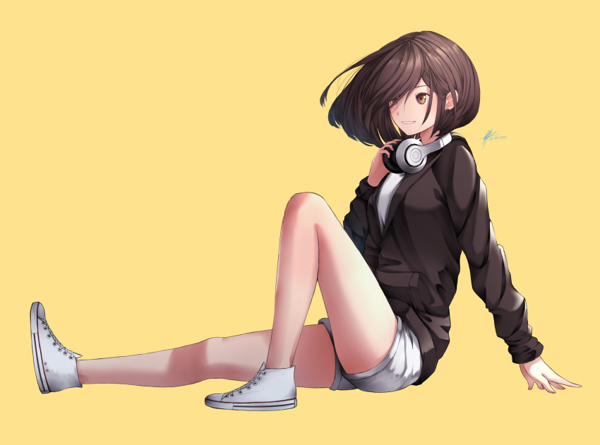 1girl absurdres animatrix20 bare_legs black_jacket brown_hair dated floating_hair from_side full_body grin headphones headphones_around_neck highres jacket long_hair long_sleeves open_clothes open_jacket original partially_unzipped shiny shiny_hair shirt short_shorts shorts signature simple_background smile solo straight_hair white_footwear white_shirt white_shorts yellow_background