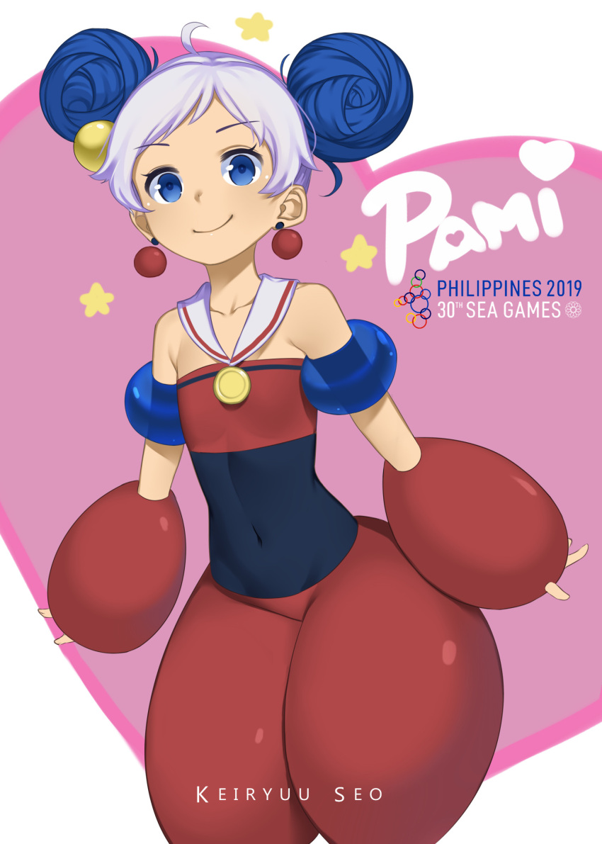 1girl 2019_southeast_asian_games ahoge artist_name baggy_pants blue_eyes blue_hair covered_navel detached_sleeves double_bun earrings flat_chest highres jewelry mascot medal multicolored_hair paavuchi pami_(mascot) pants personification philippines southeast_asian_games two-tone_hair white_hair