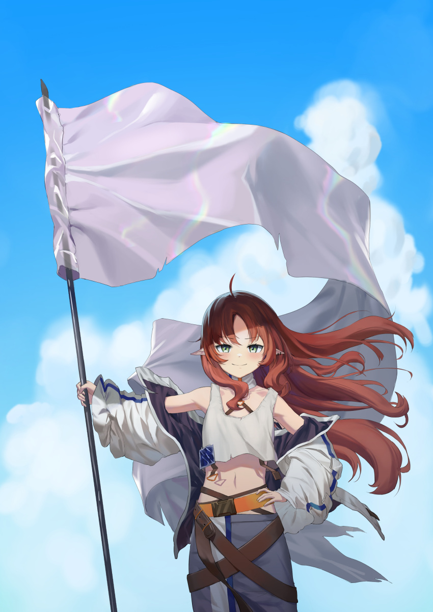 1girl absurdres ahoge arknights bangs bare_shoulders blue_sky closed_mouth clouds collarbone cowboy_shot crop_top detached_collar flag hand_on_hip hand_up highres holding holding_flag jacket long_hair long_sleeves looking_at_viewer messy_hair myrtle_(arknights) navel off_shoulder open_clothes open_jacket pants pointy_ears shirt sidelocks sky smile solo standing uh9 white_shirt wide_sleeves