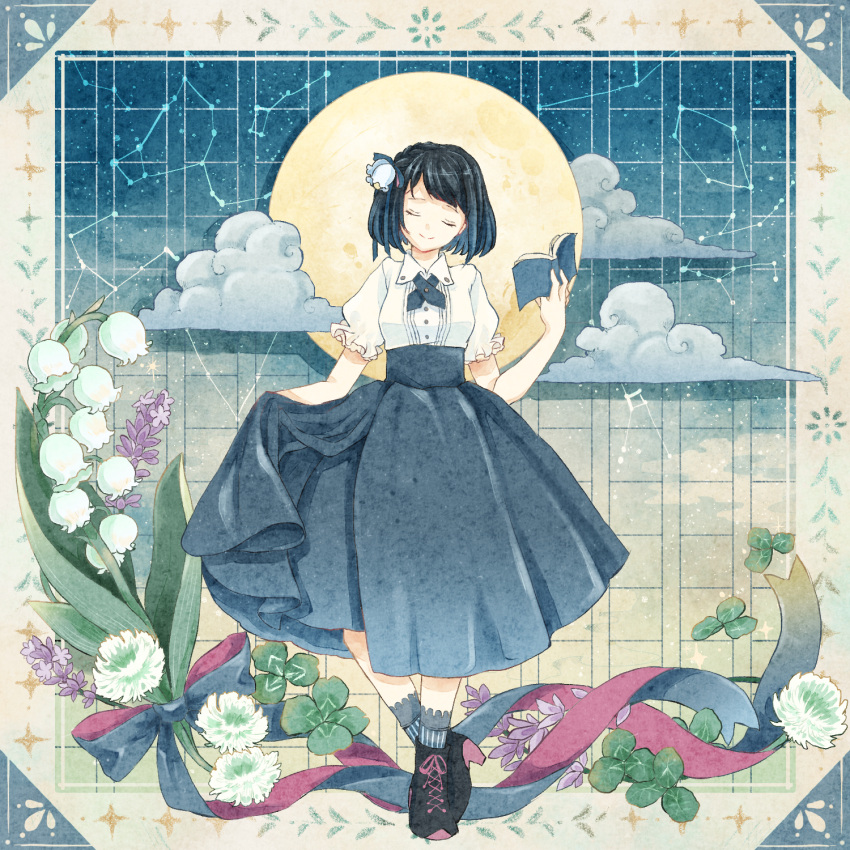 1girl bangs black_footwear black_hair blue_background blue_legwear blue_ribbon bob_cut book boots border buttons closed_eyes clouds clover clover_(flower) cocoroppy collared_shirt commentary_request constellation crossed_ankles facing_viewer flower flower_request four-leaf_clover frilled_sleeves frills full_moon gradient gradient_background hair_flower hair_ornament hair_ribbon head_tilt heel_up high-waist_skirt highres holding holding_book lily_of_the_valley long_skirt meme_attire moon neck_ribbon open_book original puffy_short_sleeves puffy_sleeves purple_flower red_ribbon ribbon shirt short_hair short_sleeves skirt skirt_hold smile socks solo star_(sky) striped striped_legwear virgin_killer_outfit white_flower white_shirt yellow_background yellow_border