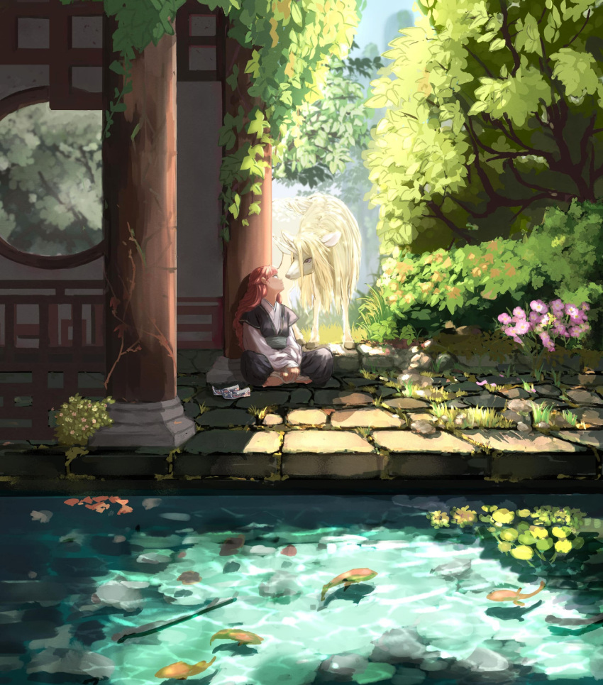 1girl bangs barefoot bush chinese_clothes crack fish flower garden grass highres indian_style juuni_kokuki keiki_(juuni_kokuki) kirin_(juuni_kokuki) long_hair long_sleeves looking_at_another nakajima_youko outdoors pavement pillar pink_flower plant plantar_flexion pond railing redhead robe rock round_window ruins sash shade shoes shoes_removed sitting sleeves_past_wrists srtk3 tree vines water window yellow_flower