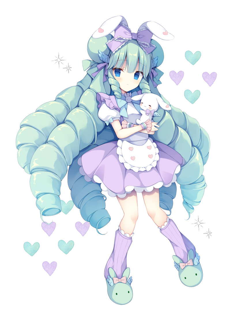 1girl animal animal_ears animal_slippers apron bangs blue_eyes blush bow closed_mouth commentary_request commission drill_hair eyebrows_visible_through_hair frilled_apron frilled_bow frills full_body green_footwear green_hair hair_bow heart highres izuminanase long_hair loose_socks miruku_(cutesuu) original pixiv_request pleated_skirt puffy_short_sleeves puffy_sleeves purple_bow purple_legwear purple_skirt rabbit rabbit_ears ribbed_legwear shirt short_sleeves simple_background skirt slippers smile socks solo very_long_hair waist_apron white_apron white_background white_shirt