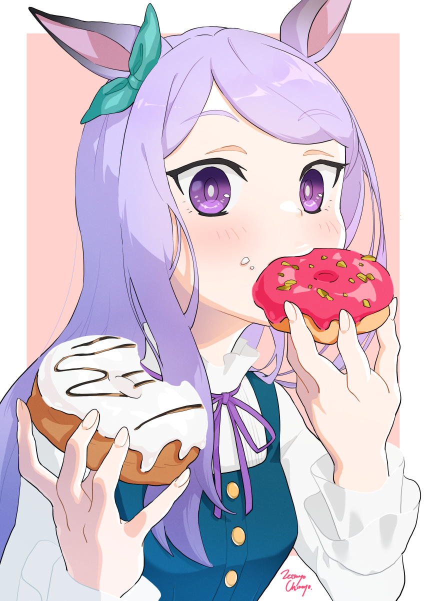 1girl absurdres animal_ears bangs blush bow doughnut dress eating english_commentary eyebrows_visible_through_hair food food_on_face green_ribbon highres holding holding_food horse_ears horse_girl long_hair long_sleeves looking_at_viewer mejiro_mcqueen_(umamusume) neck_ribbon purple_hair ribbon shirt simple_background solo umamusume upper_body violet_eyes white_shirt zetsuyo_chimayo