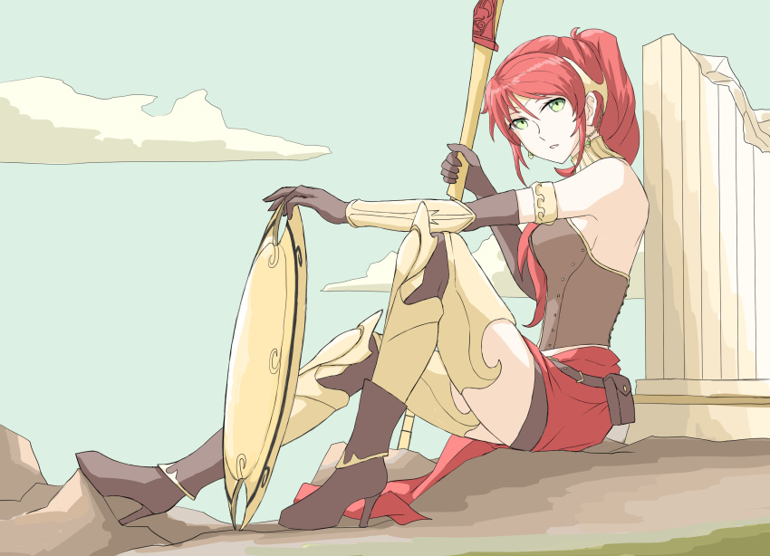 1girl absurdres armband bare_shoulders blue_sky boots bracer breasts clouds column elbow_gloves gloves gorget green_eyes high_heel_boots high_heels highres leg_armor looking_at_viewer milo_and_akouo parted_lips pillar ponytail pouch pyrrha_nikos redhead rwby shield sideboob sky solo thigh-highs thigh_boots tiara tsukimizake