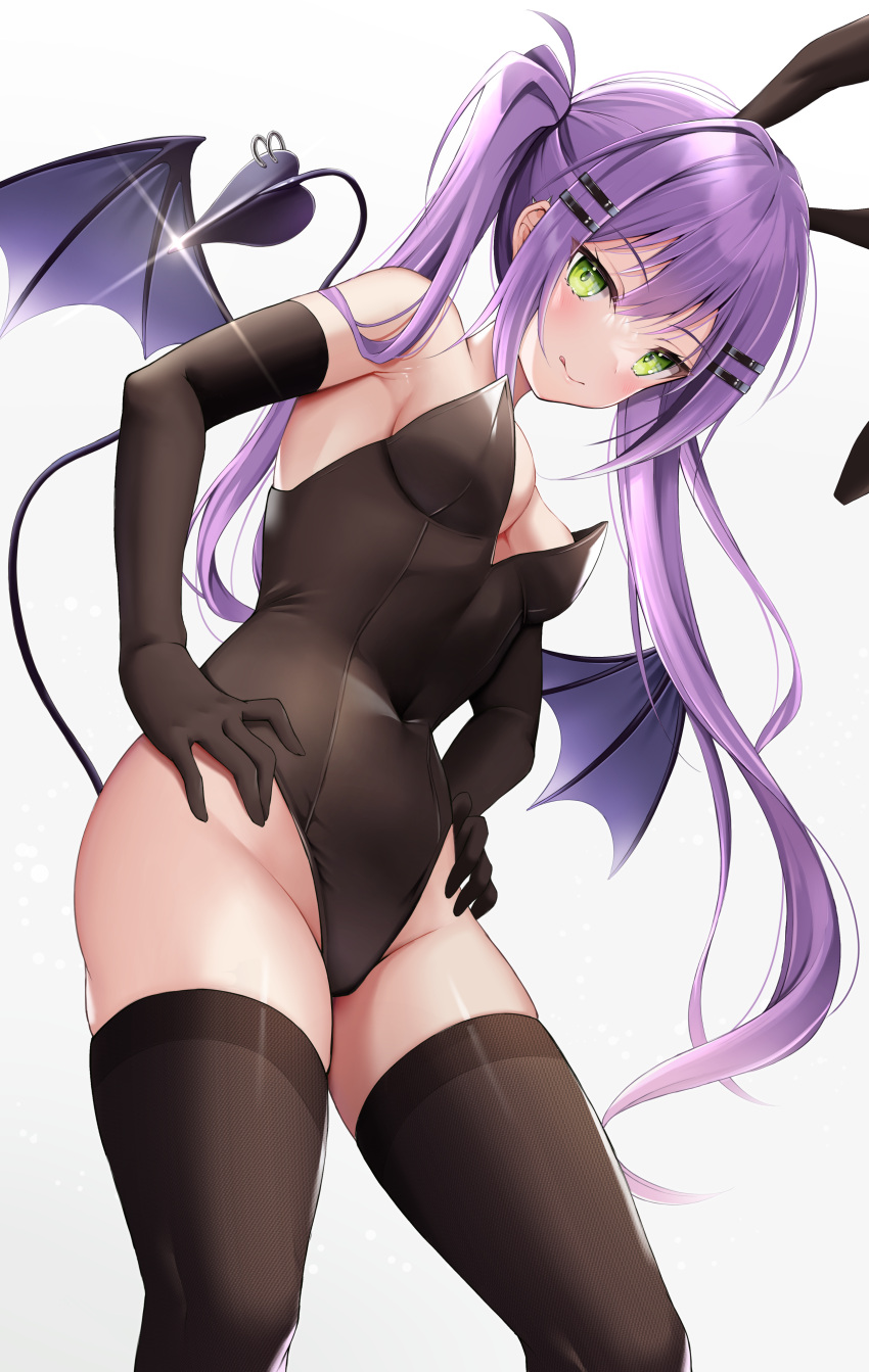 1girl :p absurdres alternate_costume animal_ears black_legwear black_leotard blush breasts closed_mouth covered_navel demon_tail demon_wings ear_piercing green_eyes groin hair_ornament hairclip hands_on_hips highres hololive leotard long_hair looking_at_viewer medium_breasts no_bra no_panties piercing playboy_bunny purple_hair rabbit_ears sideboob simple_background solo tail tail_ornament tail_piercing thigh-highs tokoyami_towa tongue tongue_out twintails utekiro virtual_youtuber white_background wings
