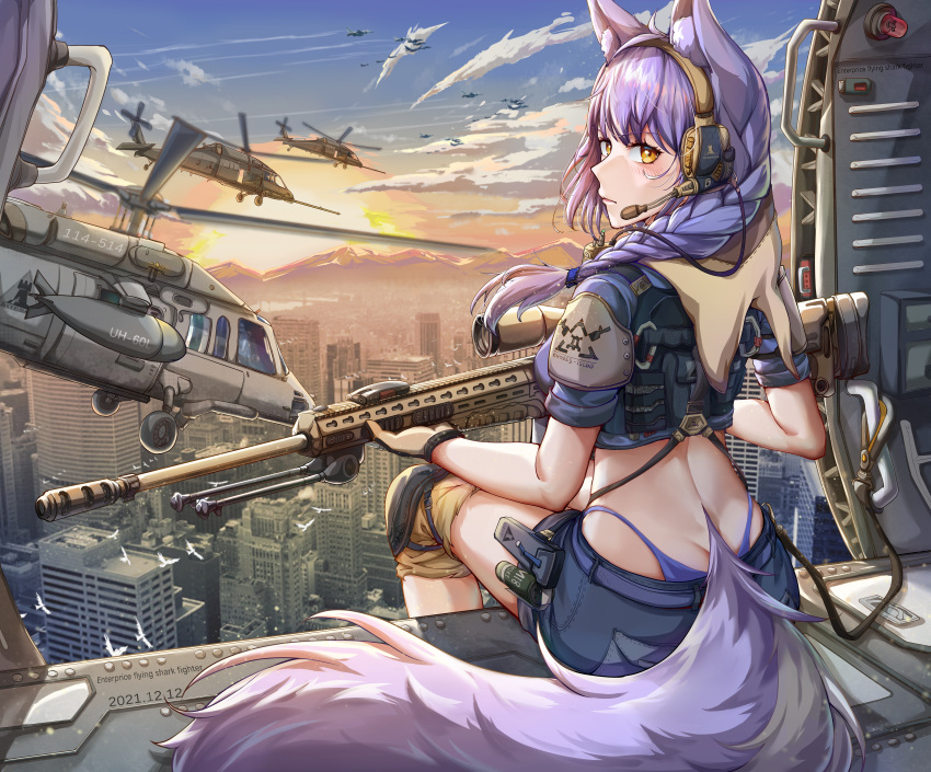 1girl absurdres aircraft airplane animal_ears arknights bangs blush braid city clouds commentary_request crop_top from_behind gun headphones headset helicopter highleg highleg_panties highres holding holding_gun holding_weapon knee_pads long_hair looking_at_viewer looking_back midriff outdoors panties provence_(arknights) puffy_short_sleeves puffy_sleeves purple_hair purple_panties qiyedefeishazhanji rifle short_sleeves single_braid sitting sniper_rifle solo sunrise tail thighs underwear weapon wolf_ears wolf_tail yellow_eyes