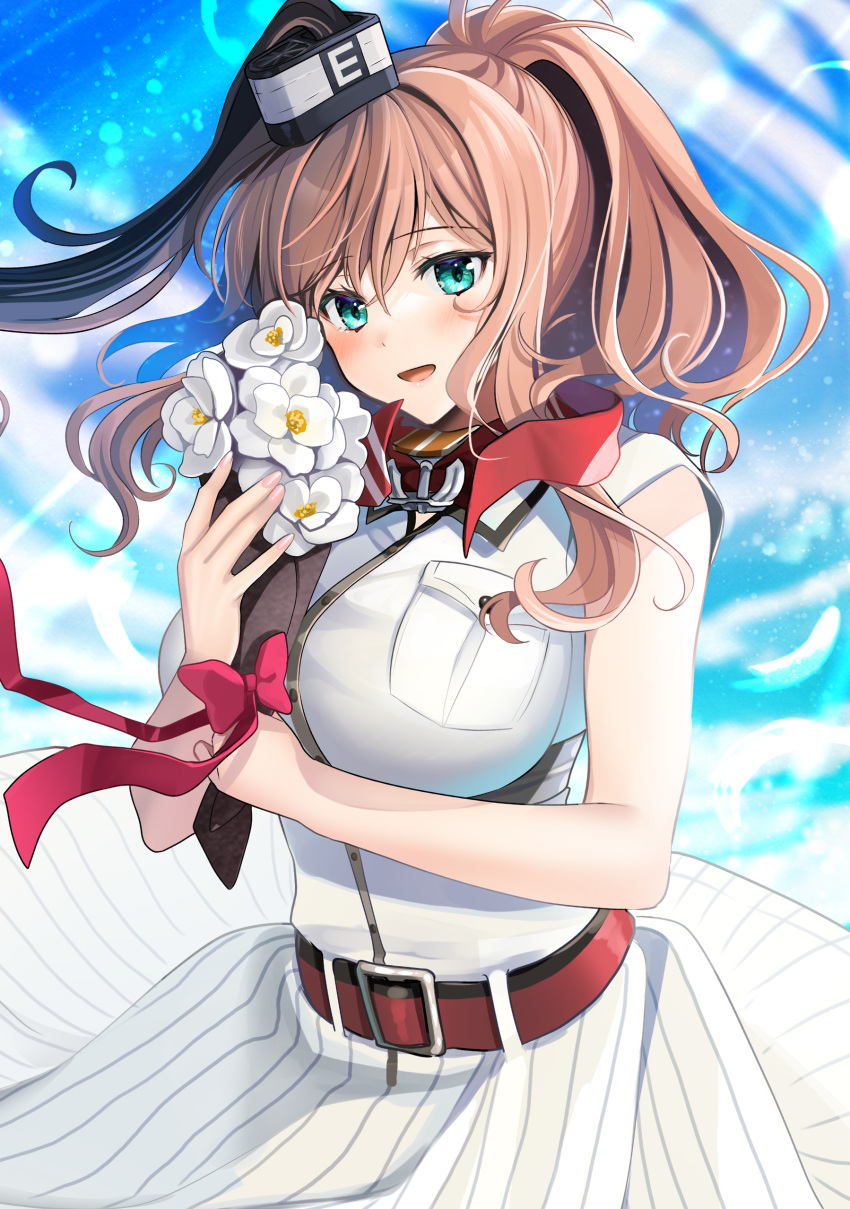 1girl absurdres blue_eyes blue_sky bouquet breast_pocket breasts brown_hair clouds cowboy_shot dress hair_between_eyes highres kantai_collection large_breasts looking_at_viewer neckerchief pocket ponytail red_neckwear saratoga_(kancolle) side_ponytail sidelocks sky smokestack smokestack_hair_ornament solo white_dress yunamaro