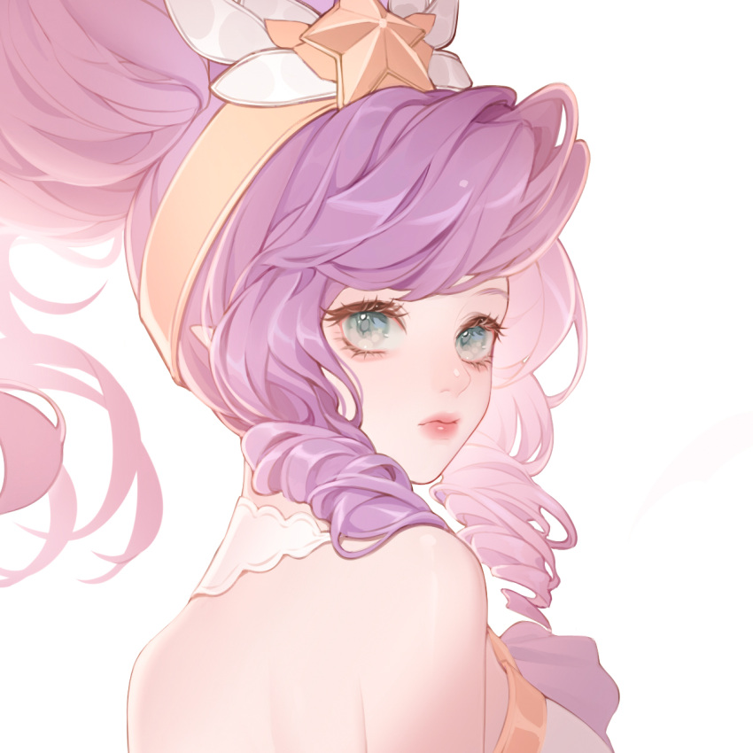 1girl bangs bare_shoulders closed_mouth crown from_side green_eyes grey_background highres janna_(league_of_legends) league_of_legends long_hair looking_at_viewer looking_to_the_side official_alternate_costume pink_hair qin_da_xing simple_background solo star_(symbol) star_guardian_(league_of_legends) star_guardian_janna twintails