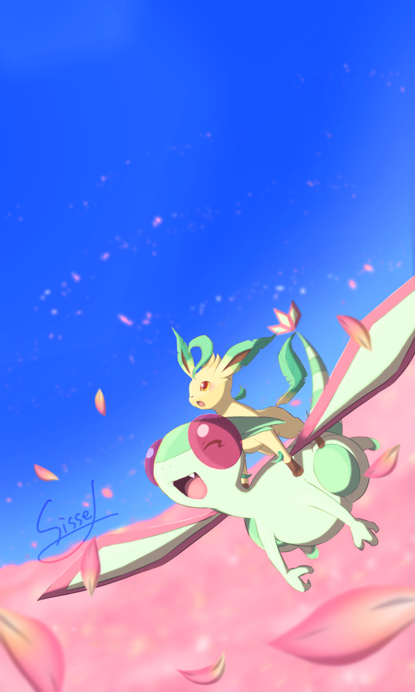 absurdres blue_sky blush closed_eyes commentary_request day fangs field flower flower_field flygon happy highres leafeon looking_up no_humans open_mouth outdoors petals pokemon pokemon_(creature) riding riding_pokemon sissel0104 sky tongue