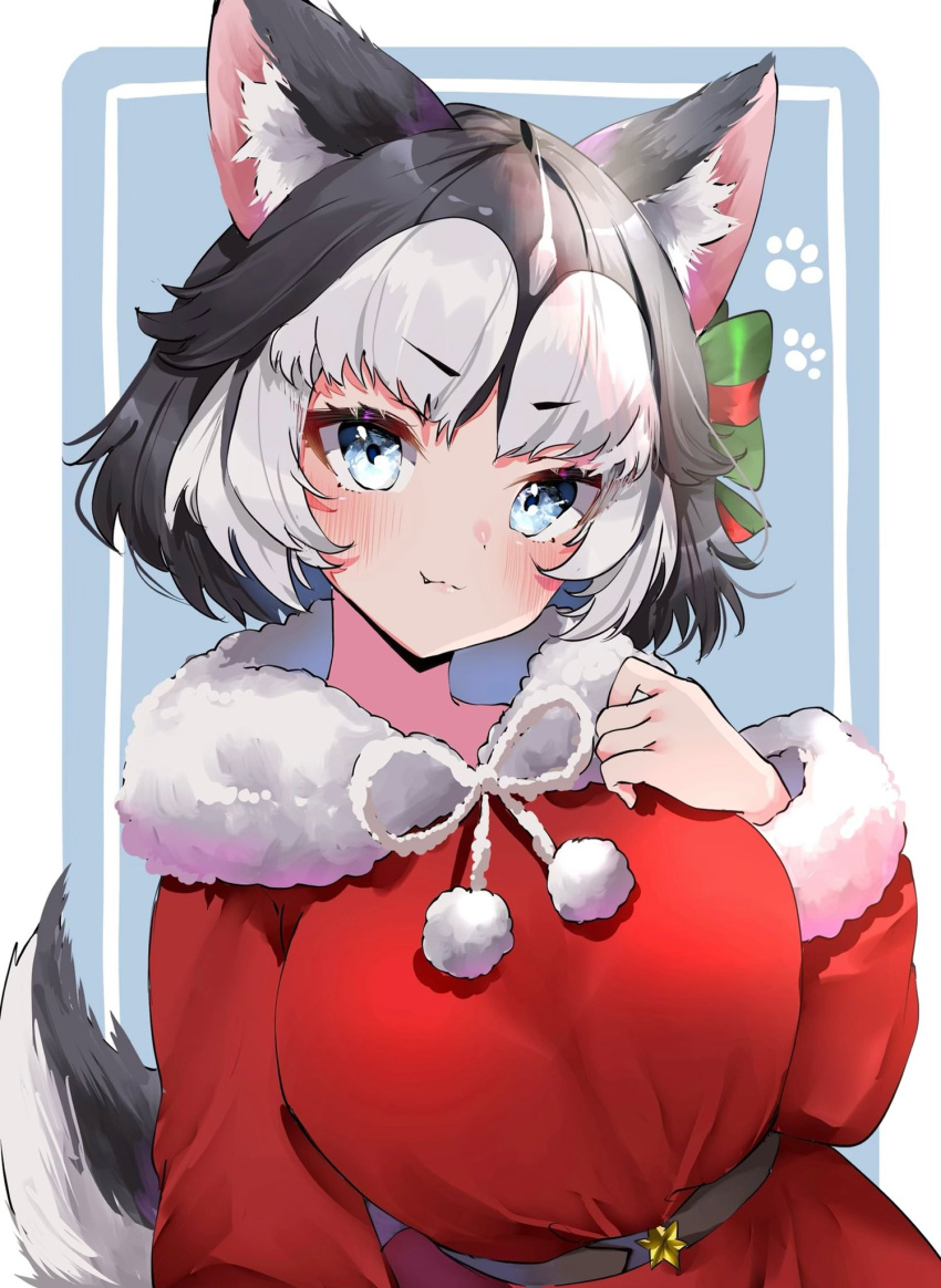 1girl :3 animal_ears belt black_hair blue_eyes blush commentary_request dog_ears dog_girl dog_tail eyebrows_visible_through_hair fang fang_out fur-trimmed_sleeves fur_collar fur_trim hair_ribbon highres kemono_friends long_sleeves looking_at_viewer pom_pom_(clothes) ribbon santa_costume short_hair siberian_husky_(kemono_friends) smile solo tail upper_body white_hair yuanagae