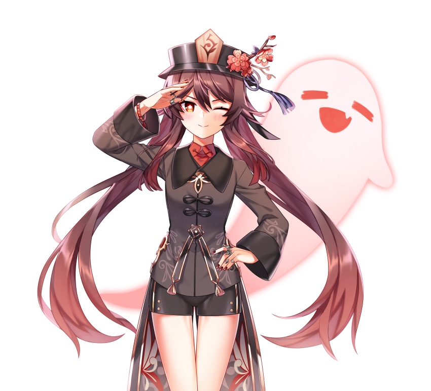 1girl absurdres bangs black_headwear black_nails black_shorts blush breasts brooch brown_hair coat coattails collared_coat collared_shirt colored_tips commentary_request flower flower-shaped_pupils genshin_impact ghost hair_between_eyes hat hat_flower hat_ornament high_heels highres hu_tao_(genshin_impact) hwaen jewelry long_hair long_sleeves looking_at_viewer open_mouth plum_blossoms ponytail porkpie_hat red_eyes red_shirt ring shirt shoes shorts smile socks solo staff_of_homa_(genshin_impact) symbol-shaped_pupils talisman tassel twintails very_long_hair vision_(genshin_impact) white_legwear