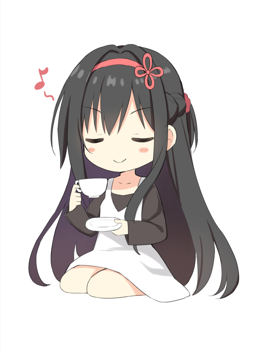 1girl ^_^ black_hair black_shirt blush_stickers braid chibi closed_eyes closed_mouth commentary cup double-parted_bangs dress french_braid hair_between_eyes hairband hamidashi_creative highres holding holding_cup holding_plate kamakura_shio long_hair long_sleeves musical_note plate red_hairband shirt short_ponytail sidelocks simple_background sitting smile solo utsunomiya_tsumire very_long_hair wariza white_background white_dress