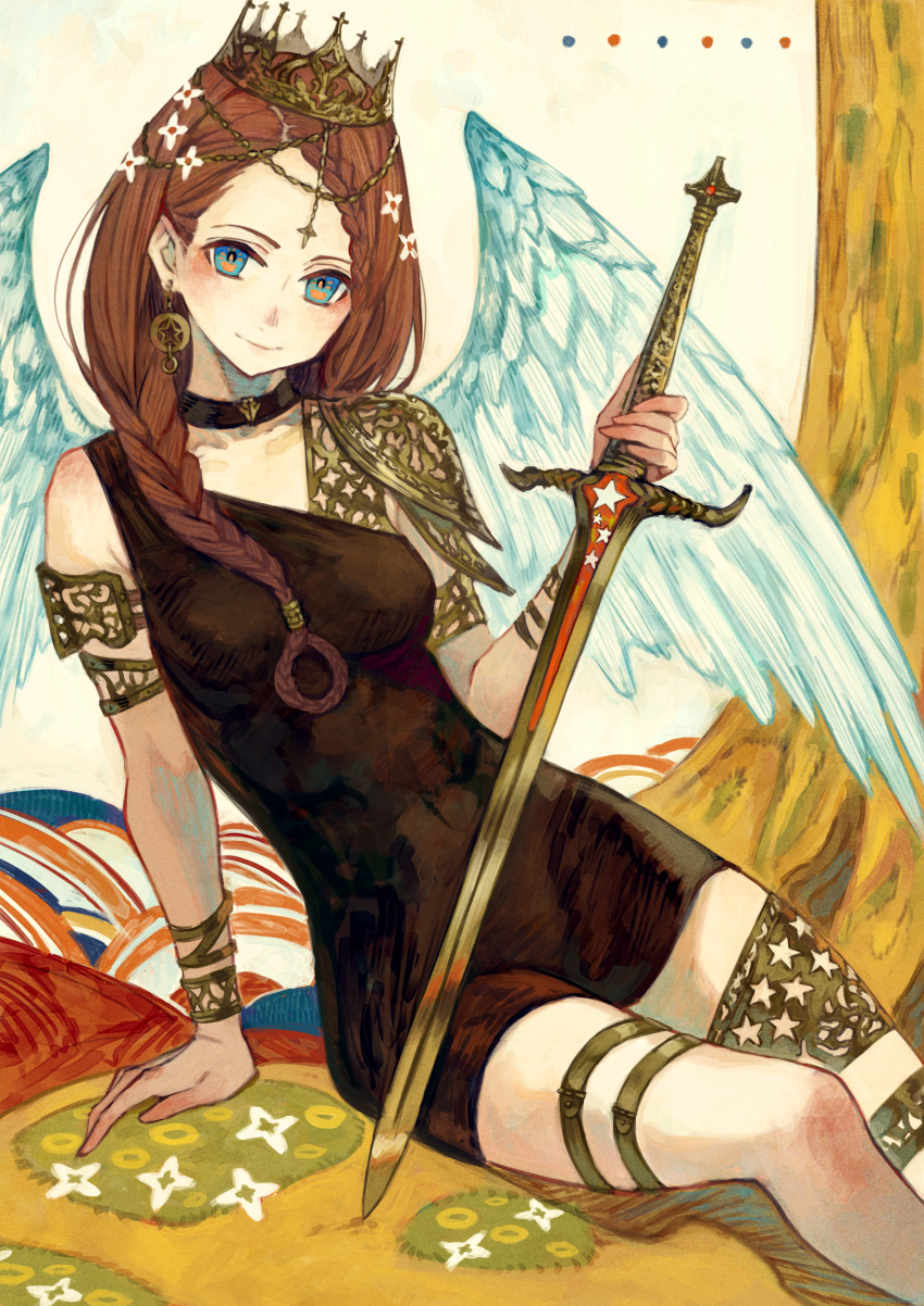 1girl absurdres arm_support armlet black_dress blue_eyes bracelet braid closed_mouth commentary crown dress feet_out_of_frame highres holding holding_sword holding_weapon jewelry kusano_shinta looking_at_viewer original redhead single_braid sitting sleeveless sleeveless_dress smile solo sword thigh_strap tree weapon wings