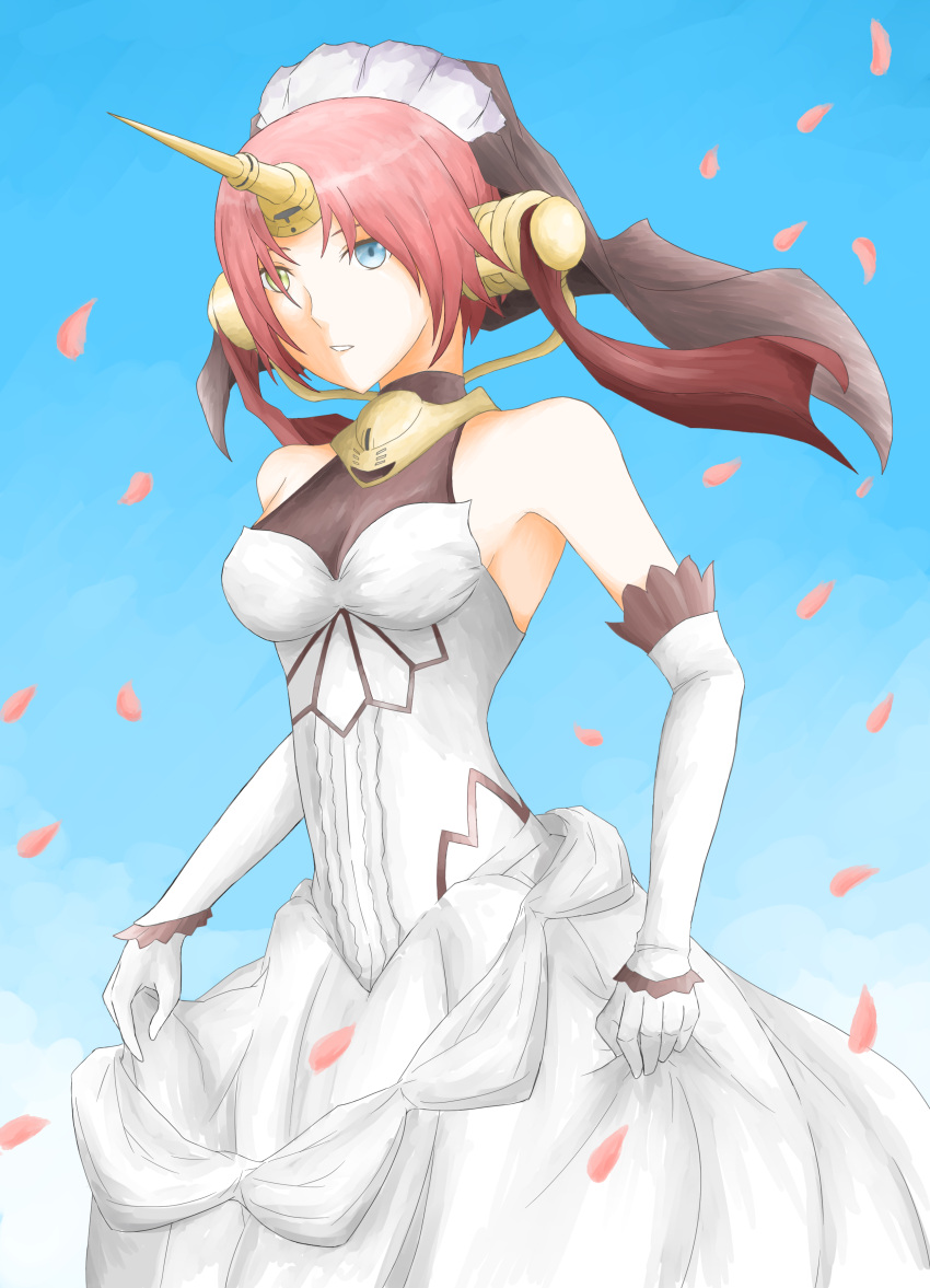 1girl absurdres bare_shoulders blue_eyes breasts dress elbow_gloves fate/apocrypha fate/grand_order fate_(series) frankenstein's_monster_(fate) from_below gloves hair_over_one_eye headgear heterochromia highres horns mechanical_horns medium_breasts petals pink_hair single_horn solo tsukimizake white_dress white_gloves yellow_eyes