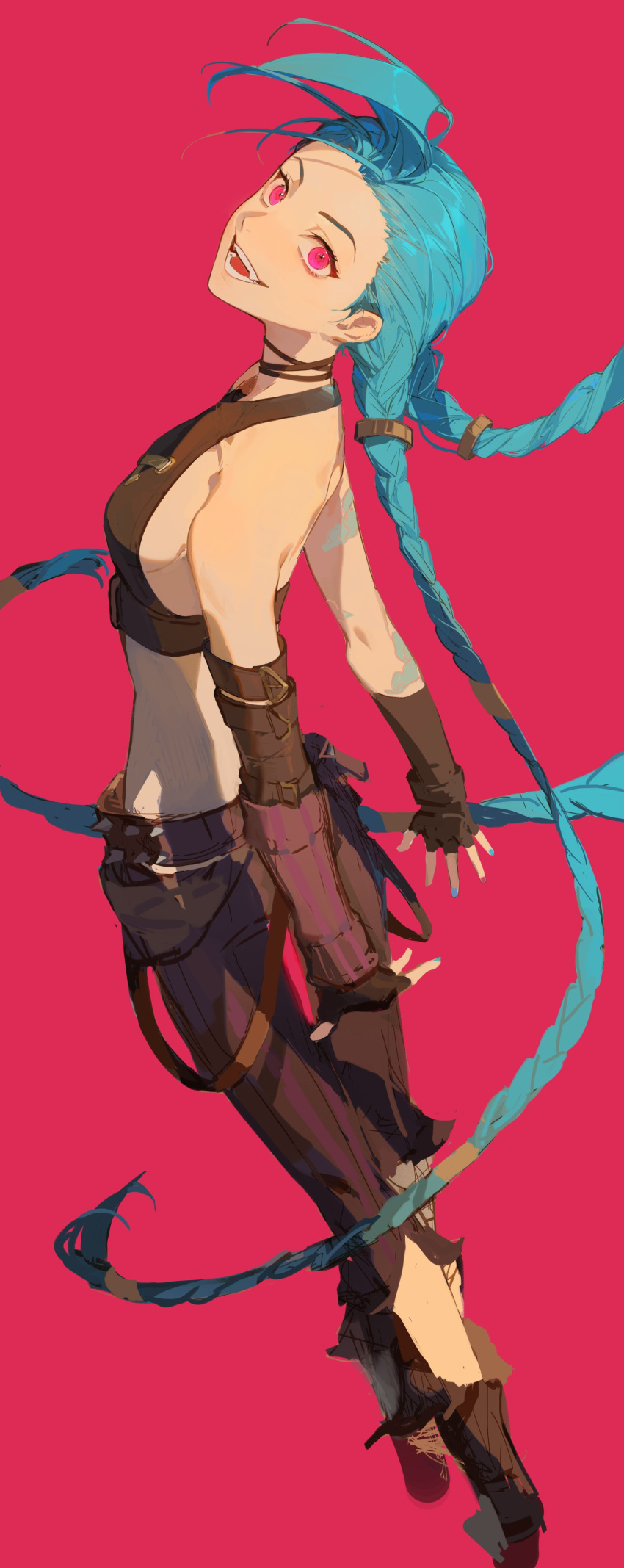1girl :d absurdres arm_tattoo bare_shoulders blue_hair braid brown_gloves cloud_tattoo crop_top fang fingerless_gloves flat_chest floating_hair forehead gloves hayamafair highres jinx_(league_of_legends) league_of_legends looking_at_viewer looking_back midriff nail_polish outstretched_arms red_background red_eyes sideways_glance simple_background smile solo spiked_belt tattoo twin_braids