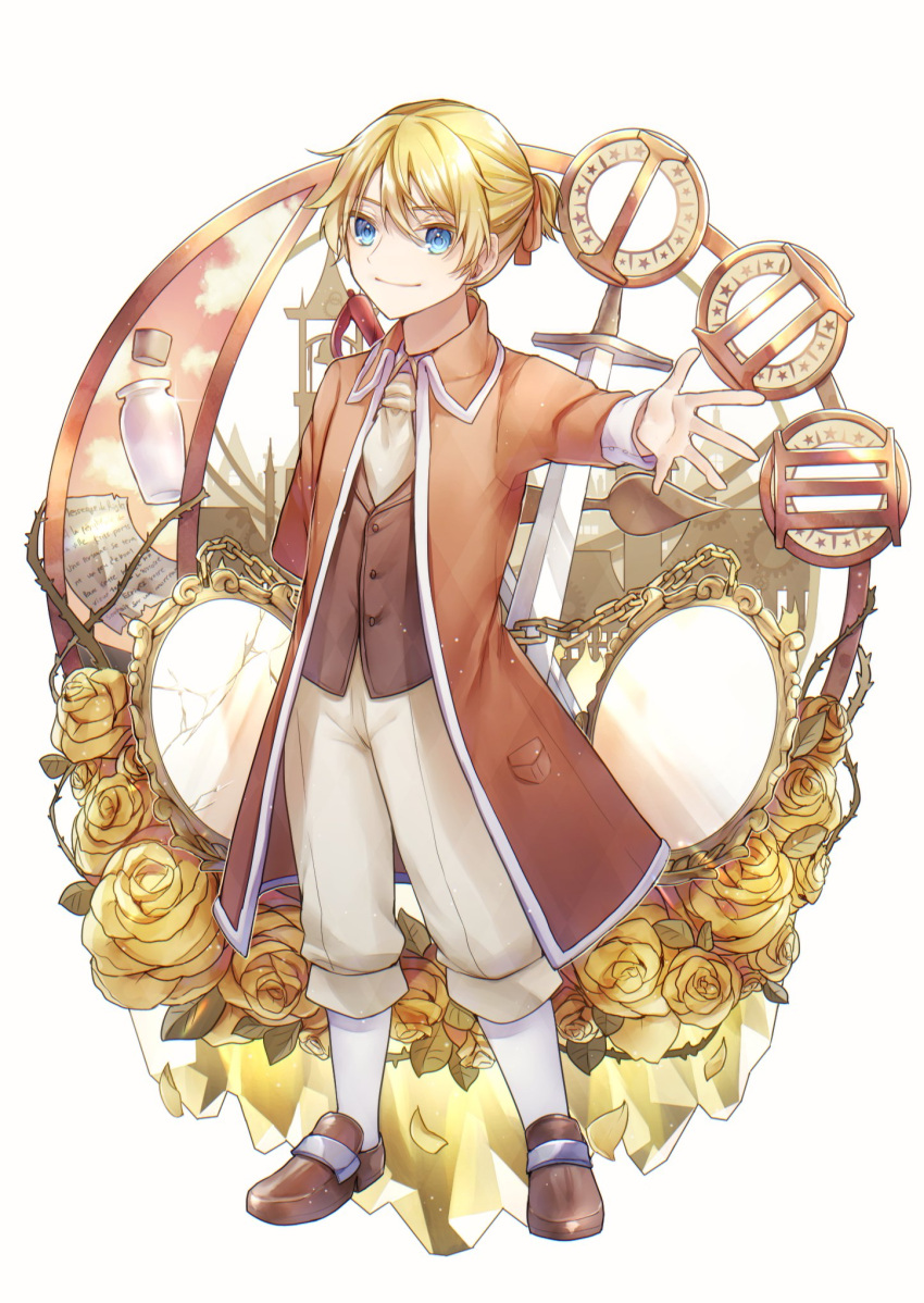1boy aku_no_meshitsukai_(vocaloid) allen_avadonia aryuma772 ascot beige_pants bell_tower blue_eyes bottle broken_mirror brown_footwear chain clock_hands closed_mouth crystal evillious_nendaiki flower four_mirrors_of_lucifenia highres jacket kagamine_len letter long_jacket looking_at_viewer mirror open_clothes open_jacket orange_jacket orange_ribbon outstretched_arm petals ribbon roman_numeral rose shoes short_hair smile solo sword thorns twiright_prank_(vocaloid) vessel_of_sin vocaloid weapon yellow_flower yellow_rose