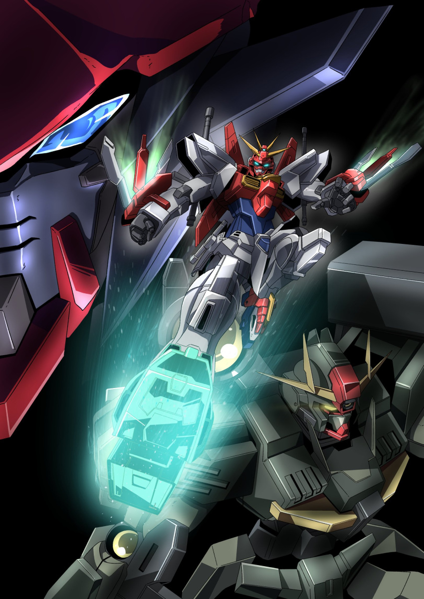 aqua_eyes blazing_gundam blue_eyes clenched_hand command_qan[t] glowing glowing_eye glowing_eyes gundam gundam_barbataurus gundam_breaker_battlogue highres kicking mecha missile_pod mobile_suit no_humans open_hand science_fiction tyuuboutyauyo v-fin yellow_eyes