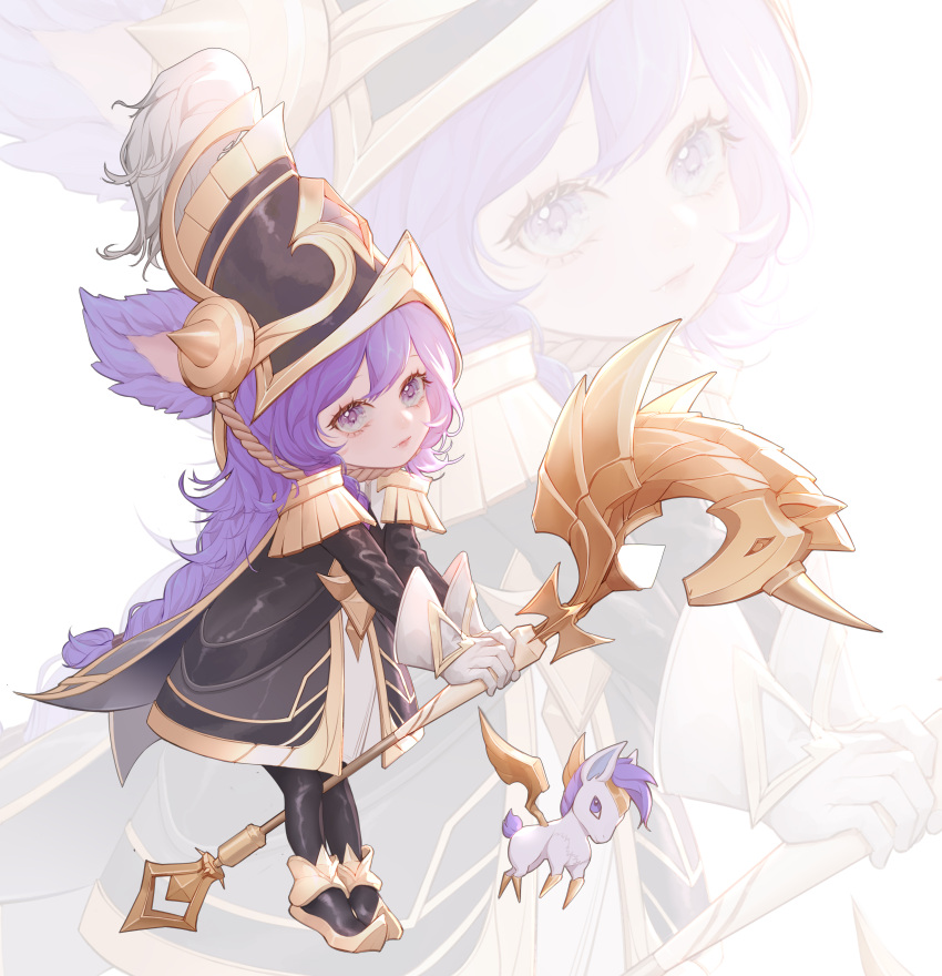 1girl absurdres alternate_costume bangs black_headwear black_jacket black_legwear braid commentary_request from_side gloves grey_background highres holding holding_staff horse jacket league_of_legends lightcharger_(teamfight_tactics) little_legend long_hair long_sleeves lulu_(league_of_legends) pantyhose pegasus purple_hair qin_da_xing shiny shiny_hair shoes staff teamfight_tactics white_gloves wings yordle zoom_layer