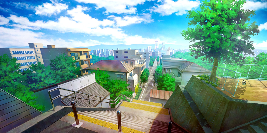 ball blue_sky building chain-link_fence city cityscape clouds commentary_request day fence highres mountainous_horizon naohiro no_humans original outdoors park railing road scenery sky skyscraper soccer_ball stairs street sun tree vanishing_point window