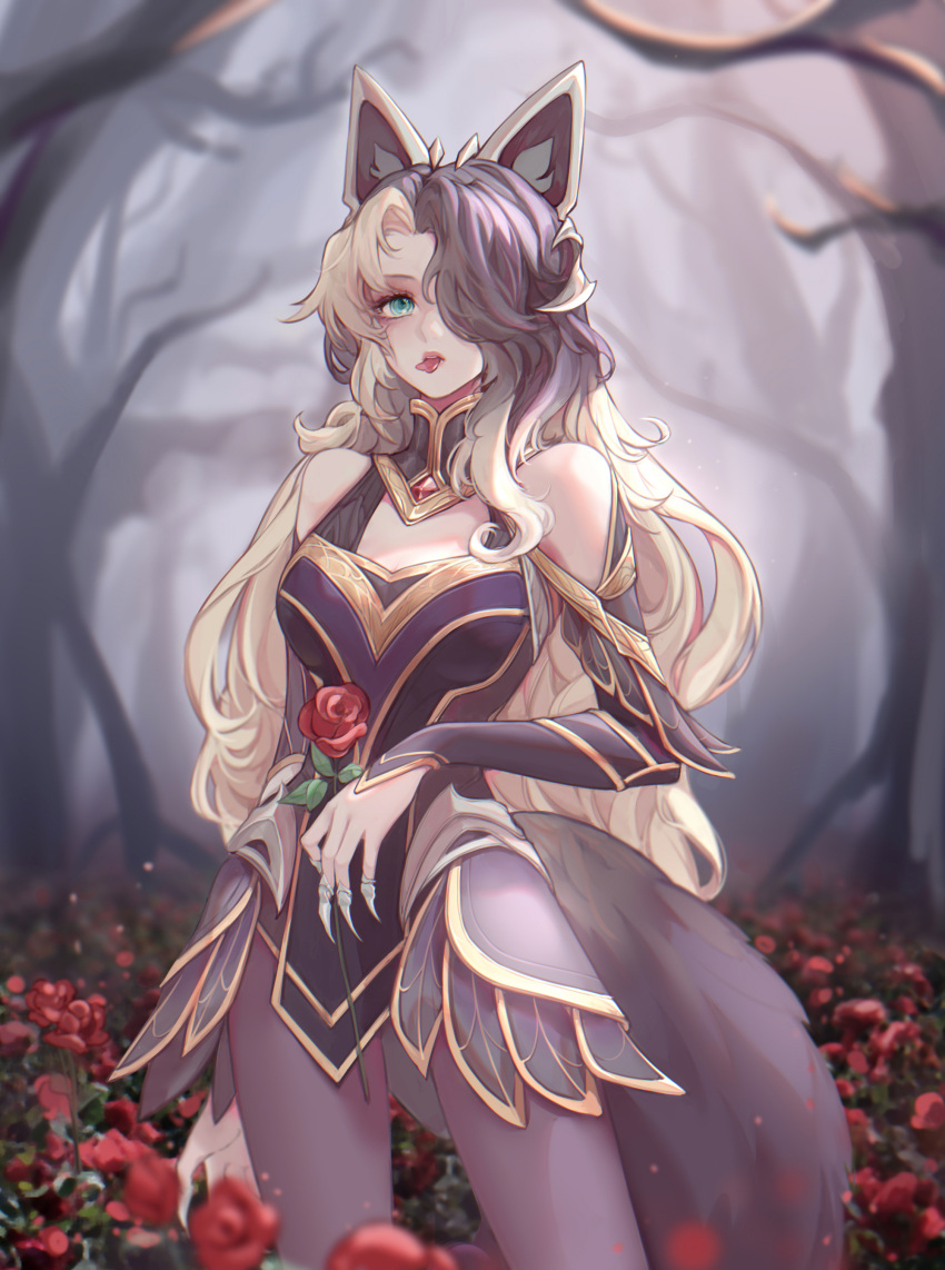 1girl absurdres ahri_(league_of_legends) animal_ears bangs bare_shoulders black_hair black_legwear blonde_hair breasts commentary_request coven_ahri fake_animal_ears field fingernails flower flower_field fox_ears green_eyes hair_over_one_eye heart highres jewelry kitsune large_breasts league_of_legends long_sleeves mouth_hold outdoors pantyhose qin_da_xing red_flower red_rose ring rose sharp_fingernails solo standing tail