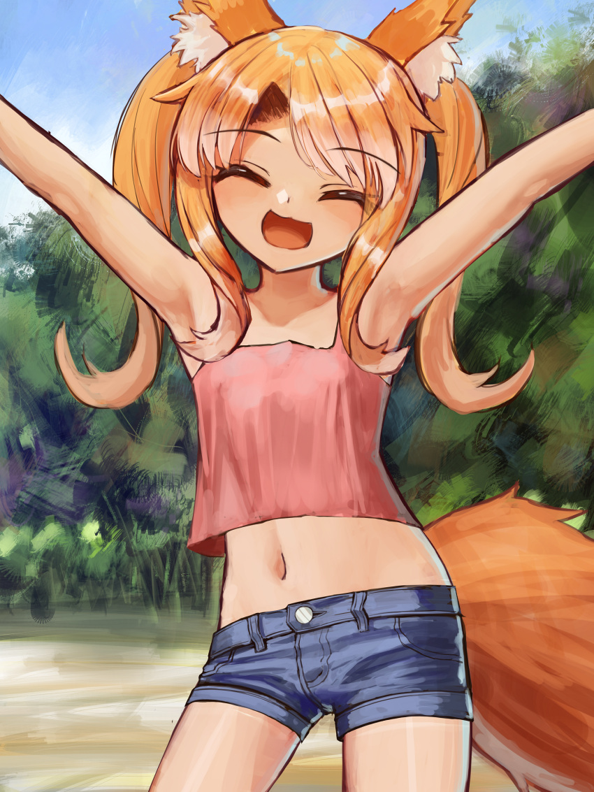 1girl :3 animal_ear_fluff animal_ears armpits arms_up bangs blue_shorts camisole closed_eyes crop_top eyebrows_visible_through_hair gradient_hair grey_hair highres long_hair multicolored_hair navel open_mouth orange_hair original outdoors pink_camisole shimogami_ataru short_shorts shorts solo standing tail twintails