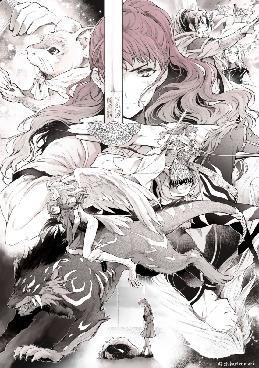 3boys 3girls animal antenna_hair armor bird_legs bird_tail bird_wings bow_(weapon) braid bruise bruise_on_face chikariya chinese_clothes closed_eyes closed_mouth clothed_animal enki_(juuni_kokuki) extra facial_mark feathers floating frown greyscale hair_slicked_back hanfu high_ponytail highres holding holding_hands holding_reins holding_sword holding_weapon hyouki_(juuni_kokuki) injury inset jewelry juuni_kokuki kaiko_(juuni_kokuki) keiki_(juuni_kokuki) king_en_(juuni_kokuki) kirin_(juuni_kokuki) long_hair long_sleeves looking_at_another looking_away looking_back looking_down looking_to_the_side monochrome mouse multiple_boys multiple_girls multiple_views nakajima_youko necklace one_eye_covered open_mouth outstretched_arm partially_colored pleated_skirt profile prostration rakushun_(juuni_kokuki) redhead reins riding saddle school_uniform serafuku skirt standing sword tail tail_armor talons upside-down weapon wings youkai