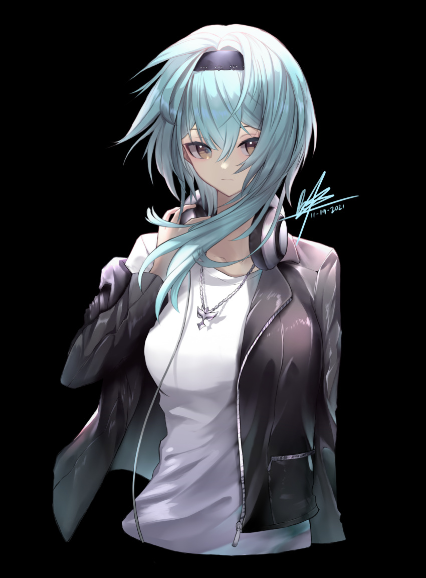 1girl 2021 absurdres animatrix20 bangs black_background black_hairband black_jacket blue_hair breasts brown_eyes closed_mouth collarbone cropped_torso dated eula_(genshin_impact) floating_hair genshin_impact hair_between_eyes hair_intakes hairband headphones headphones_around_neck highres jacket jewelry long_hair long_sleeves looking_at_viewer medium_breasts necklace open_clothes open_jacket shiny shiny_hair shirt signature solo white_shirt