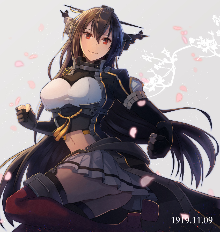 1girl black_coat black_gloves black_hair clenched_hands closed_mouth coat dated elbow_gloves eyebrows_visible_through_hair gloves grey_background hair_between_eyes headgear highres kantai_collection kasumi_(skchkko) long_coat long_hair nagato_(kancolle) partially_fingerless_gloves petals pleated_skirt red_eyes red_legwear remodel_(kantai_collection) skirt smile solo thigh-highs white_skirt