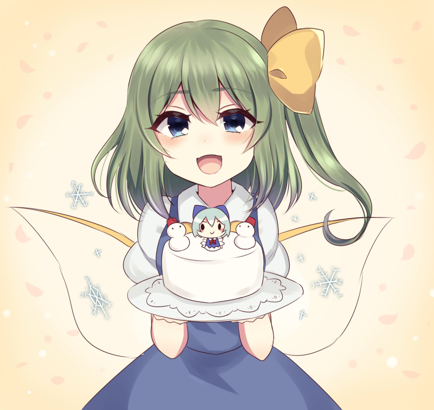 0_0 1girl :d blue_bow blue_eyes blue_skirt blue_vest bow cake character_doll chibi cirno collared_shirt commentary_request daiyousei eyebrows_visible_through_hair eyelashes fairy_wings food green_hair hair_bow hair_ribbon happy highres holding holding_cake holding_food one_side_up open_mouth petals pink_background puffy_short_sleeves puffy_sleeves ribbon shiny shiny_hair shirt short_sleeves side_ponytail simple_background skirt smile snowflakes solo standing subaru_(subachoco) tongue touhou upper_body vest whipped_cream white_shirt wing_collar wings yellow_ribbon