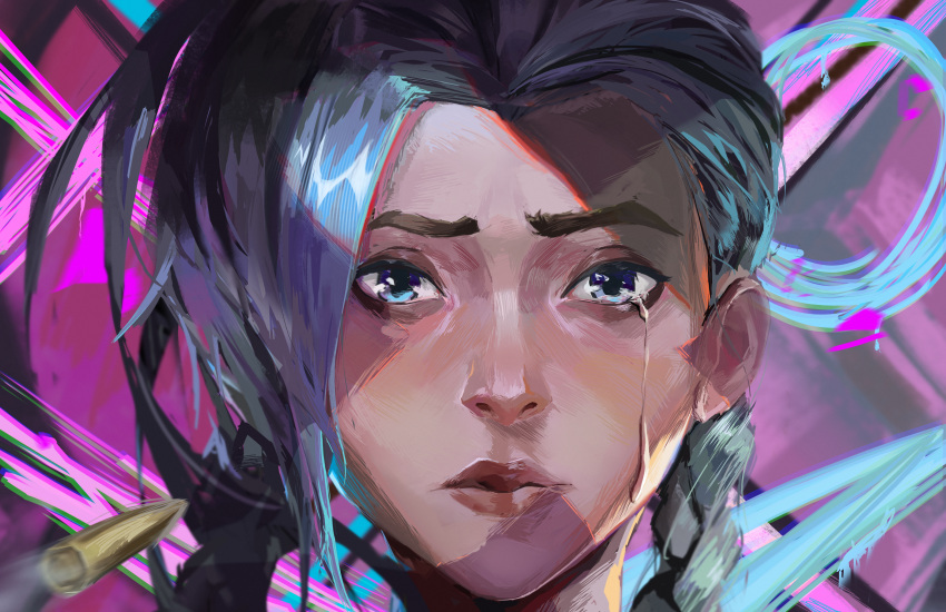 1girl absurdres asymmetrical_bangs bangs blue_eyes braid bullet closed_mouth face highres jinx_(league_of_legends) league_of_legends long_hair looking_at_viewer multicolored_background pink_background portrait shiny shiny_hair solo tears twin_braids winday_(fejh5255)