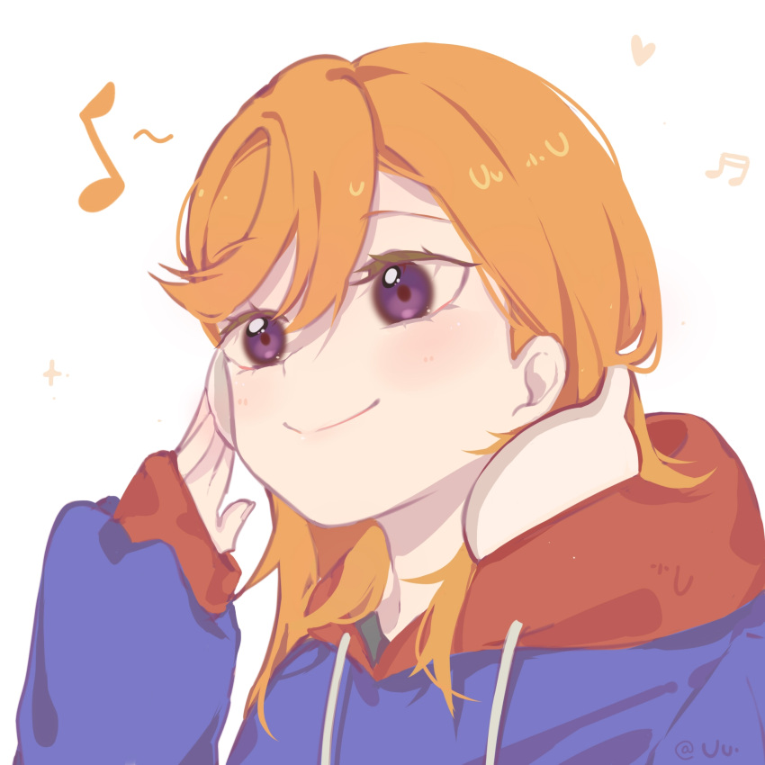 1girl blue_hoodie closed_mouth commentary drawstring eighth_note headphones headphones_around_neck heart highres hood hood_down hoodie long_sleeves love_live! love_live!_superstar!! medium_hair musical_note orange_hair shibuya_kanon simple_background sleeves_past_wrists smile solo upper_body uuu&amp;no violet_eyes white_background