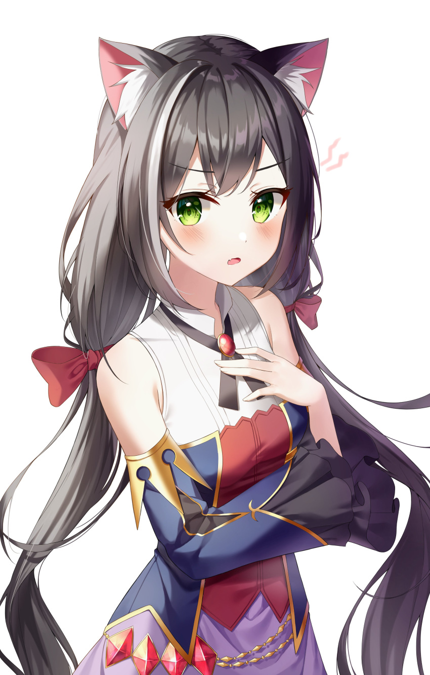 1girl absurdres animal_ear_fluff animal_ears bangs bare_shoulders bingyam black_hair blush bow breasts cat_ears cat_girl cowboy_shot detached_sleeves fang green_eyes grey_background hair_bow hair_intakes highres karyl_(princess_connect!) long_hair long_sleeves looking_at_viewer multicolored_hair open_mouth princess_connect! red_bow simple_background streaked_hair twintails