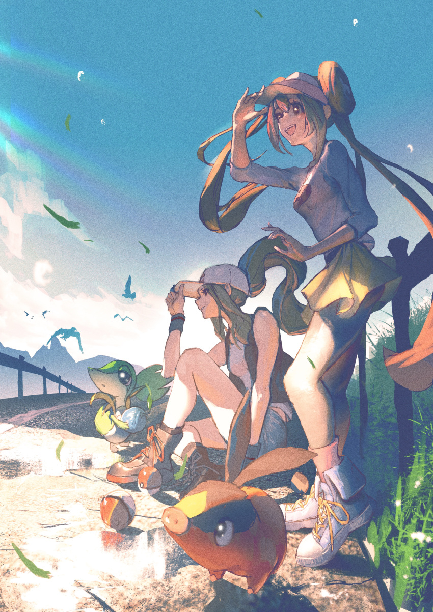 2girls absurdres baseball_cap bird black_legwear black_vest brown_hair commentary_request day double_bun fence from_side hat high_ponytail highres hilda_(pokemon) leaves_in_wind legwear_under_shorts long_hair multiple_girls neg_(101neg) outdoors pantyhose pokemon pokemon_(creature) pokemon_(game) pokemon_bw pokemon_bw2 raglan_sleeves rosa_(pokemon) shirt shoes short_shorts shorts sidelocks sky sleeveless sleeveless_shirt sneakers snivy tepig twintails vest visor_cap white_shirt wristband yellow_shorts