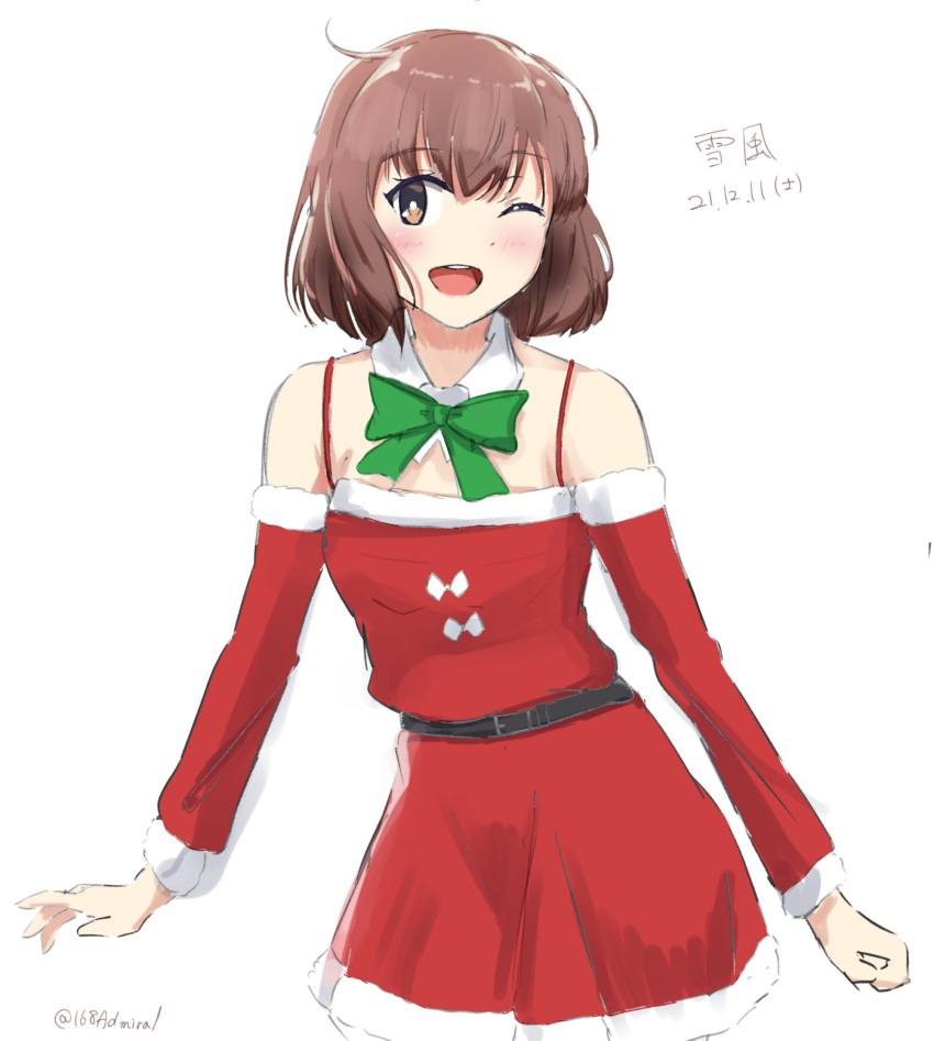 168admiral_(sunflower) 1girl brown_eyes brown_hair cowboy_shot dress fur-trimmed_dress fur_trim highres kantai_collection looking_at_viewer one-hour_drawing_challenge one_eye_closed open_mouth red_dress round_teeth short_hair simple_background solo strap teeth upper_teeth white_background yukikaze_(kancolle)