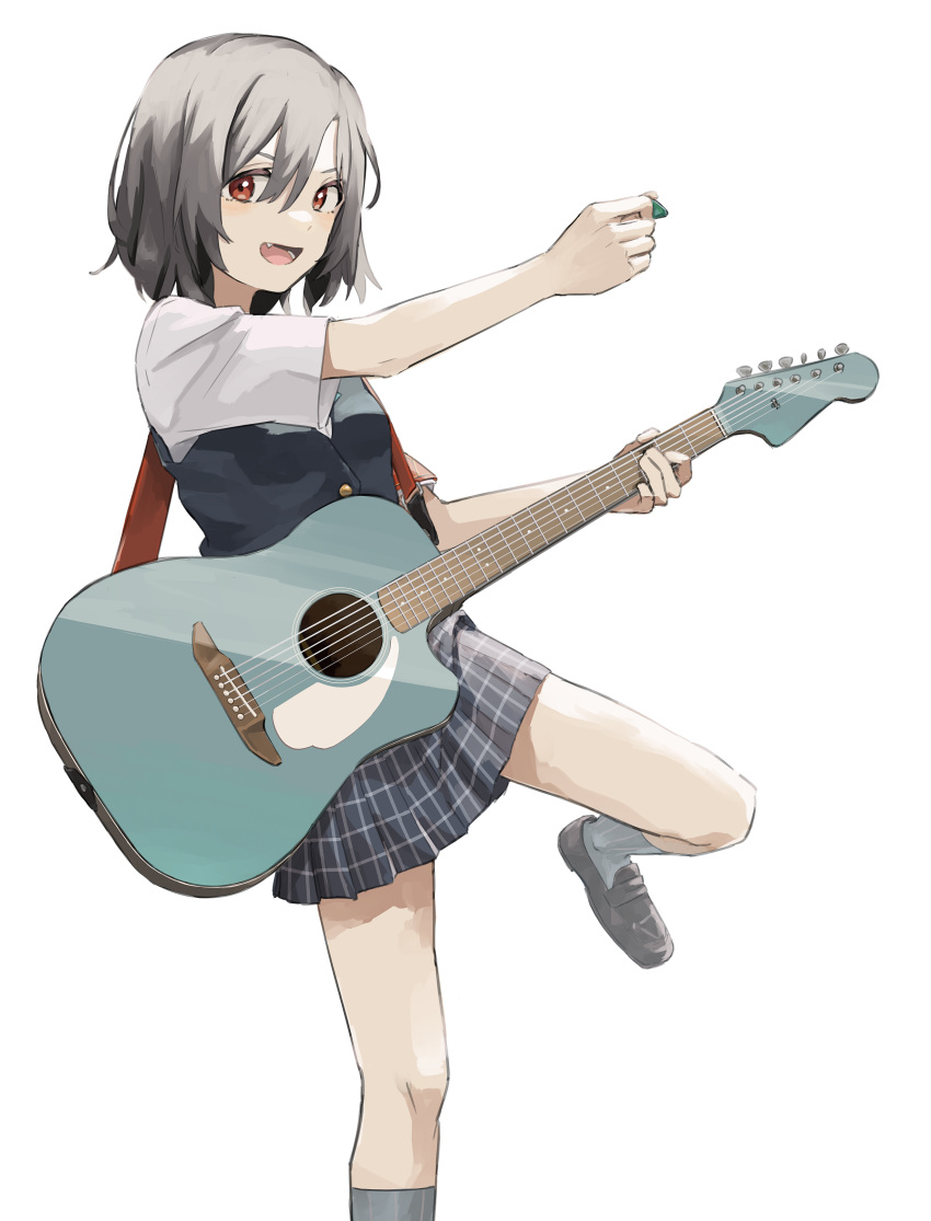 1girl absurdres black_skirt black_vest brown_footwear commentary_request fang grey_hair grey_legwear guitar highres holding holding_instrument holding_plectrum instrument irenji loafers looking_at_viewer love_live! love_live!_nijigasaki_high_school_idol_club mifune_shioriko open_mouth plaid plaid_skirt pleated_skirt plectrum red_eyes school_uniform shirt shoes short_hair short_sleeves simple_background skirt smile socks solo standing standing_on_one_leg vest white_background white_shirt