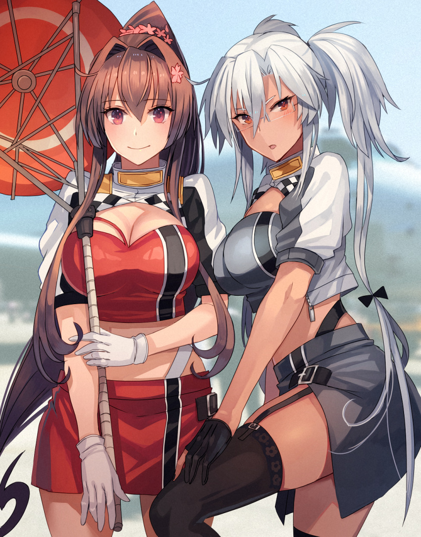 2girls alternate_costume bandeau black_gloves black_legwear blush breasts brown_eyes brown_hair closed_mouth eyebrows_visible_through_hair flower gloves grey_skirt hair_between_eyes hair_flower hair_ornament half_gloves highres jacket kantai_collection kasumi_(skchkko) large_breasts long_hair looking_at_viewer multiple_girls musashi_(kancolle) oil-paper_umbrella open_clothes open_jacket open_mouth pink_flower ponytail racequeen red_bandeau red_eyes red_skirt red_umbrella short_sleeves silver_hair skirt smile thigh-highs two_side_up umbrella white_gloves yamato_(kancolle)