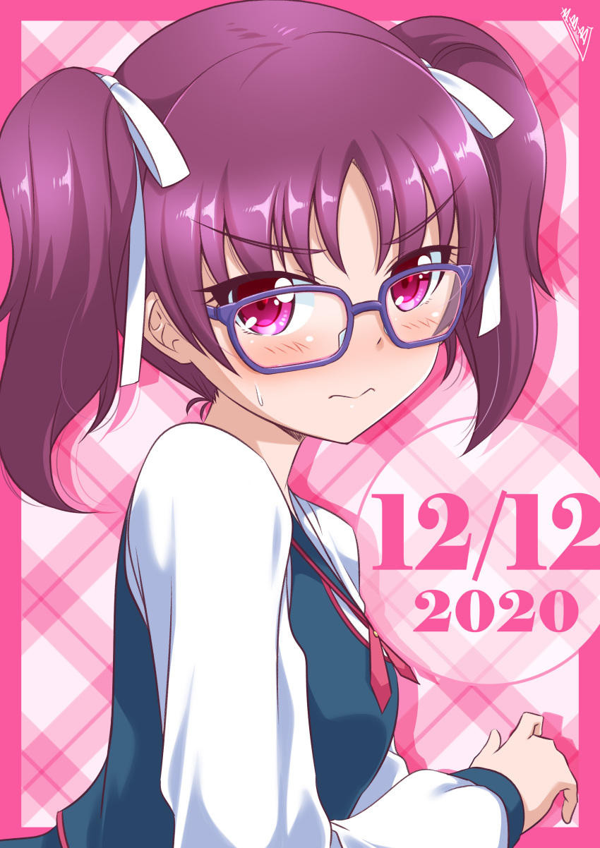 1girl absurdres bangs birthday blush breasts bunji commentary dated embarrassed eyebrows_visible_through_hair glasses highres kazuno_leah long_hair long_sleeves looking_at_viewer love_live! love_live!_sunshine!! pink_eyes purple-framed_eyewear purple_hair school_uniform seisen_school_uniform signature small_breasts solo sweatdrop twintails upper_body