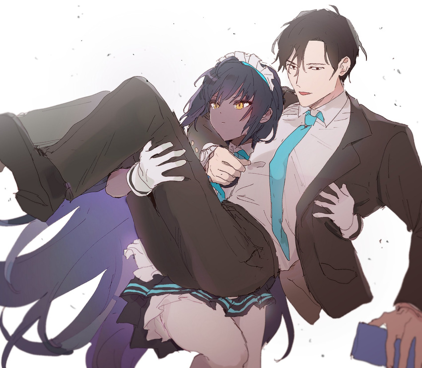 1boy 1girl black_hair blue_archive carrying cellphone collared_shirt dal-gi dark-skinned_female dark_skin femdom formal gloves highres karin_(blue_archive) long_hair maid maid_headdress miniskirt necktie pants phone princess_carry role_reversal sensei_(blue_archive) shirt short_hair skirt slit_pupils suit suit_jacket very_long_hair watch white_legwear yellow_eyes