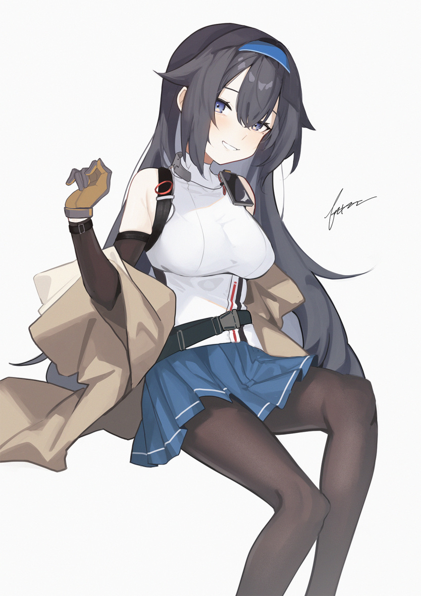 1girl bangs black_hair black_legwear blue_eyes blush breasts commission cowboy_shot detached_sleeves fataaa girls_frontline gloves grin hair_flaps highres large_breasts long_hair looking_at_viewer mole mole_under_eye off_shoulder parted_lips pixiv_request shirt sidelocks signature sitting skindentation sleeveless sleeveless_shirt smile solo super_sass_(girls'_frontline) turtleneck very_long_hair