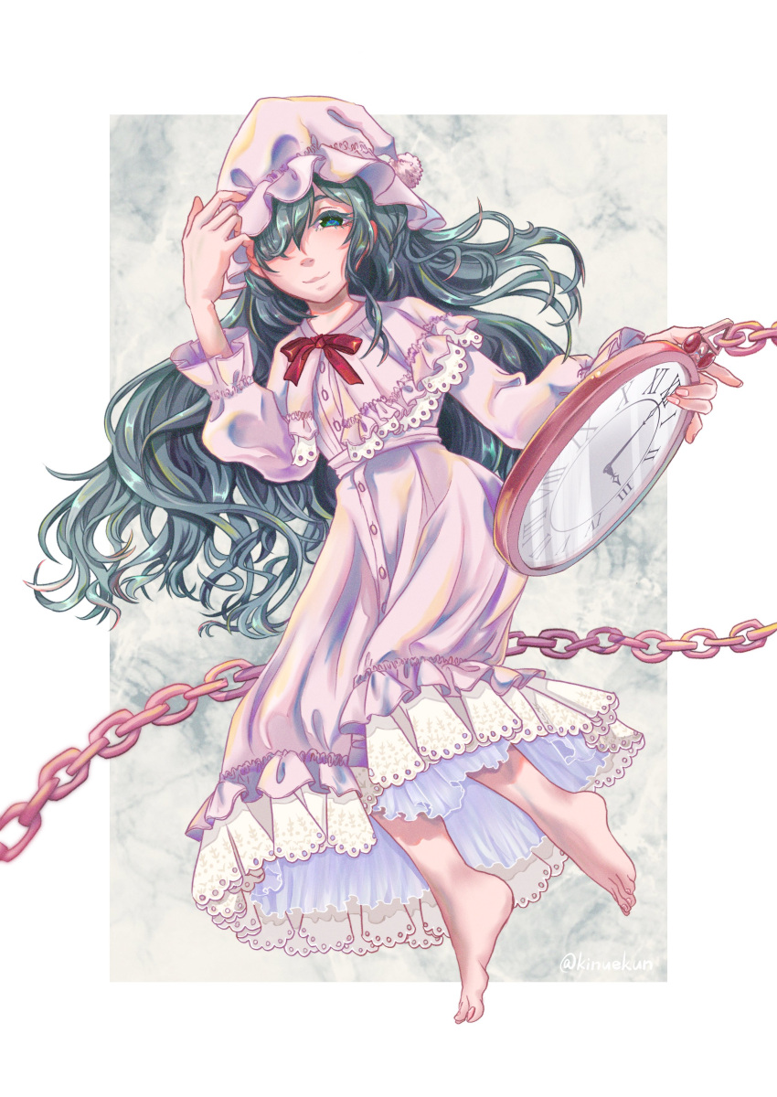 1girl absurdres barefoot capelet chain clock closed_mouth dress eyelashes fingernails frilled_capelet frilled_dress frills full_body green_eyes green_hair hat highres kazami_yuuka kazami_yuuka_(pc-98) kinuekun long_hair long_sleeves messy_hair nightcap pajamas pink_dress pink_pajamas pom_pom_(clothes) red_ribbon ribbon touhou touhou_(pc-98) very_long_hair wavy_hair