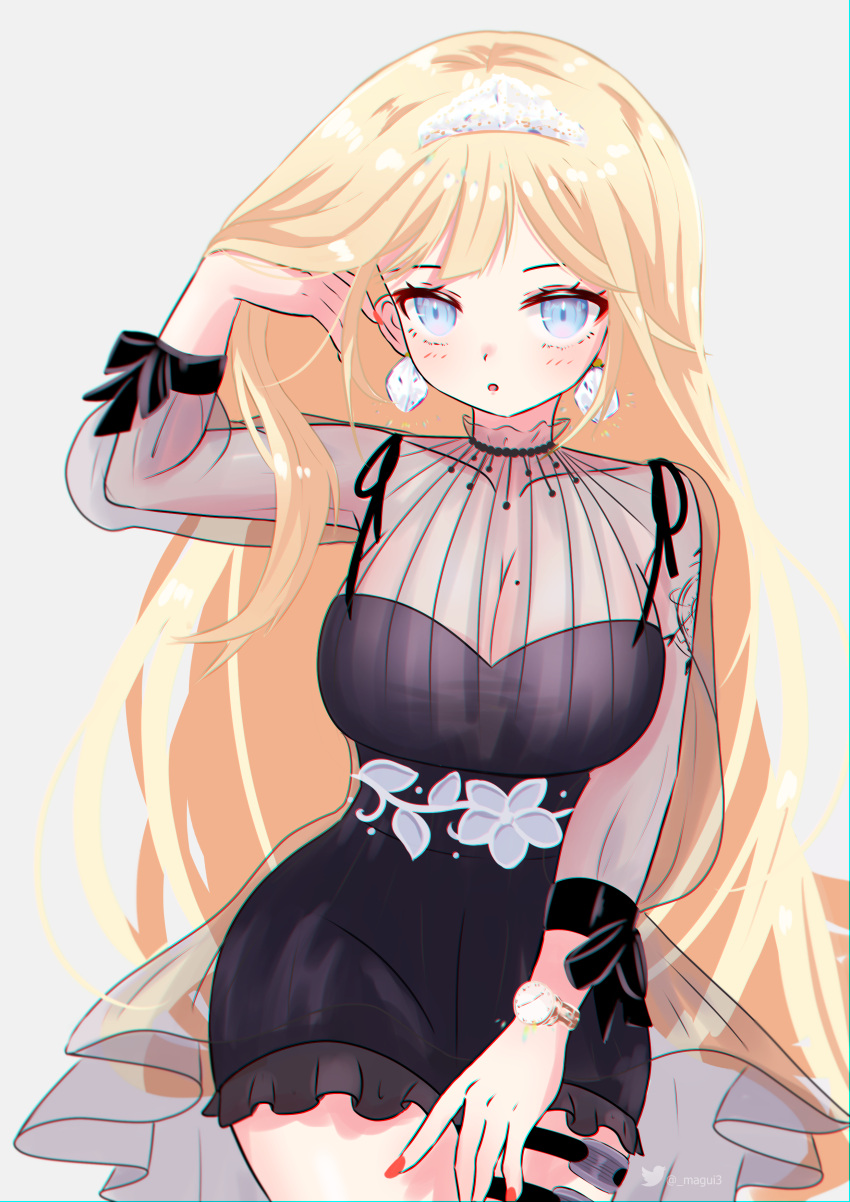 :o absurdres black_dress blue_eyes blush breasts collarbone dress earrings grey_background hand_in_hair highres hololive hololive_english jewelry large_breasts long_hair looking_at_viewer magui3 mole mole_on_breast official_alternate_costume open_mouth red_nails sitting thigh_strap tiara very_long_hair virtual_youtuber watson_amelia