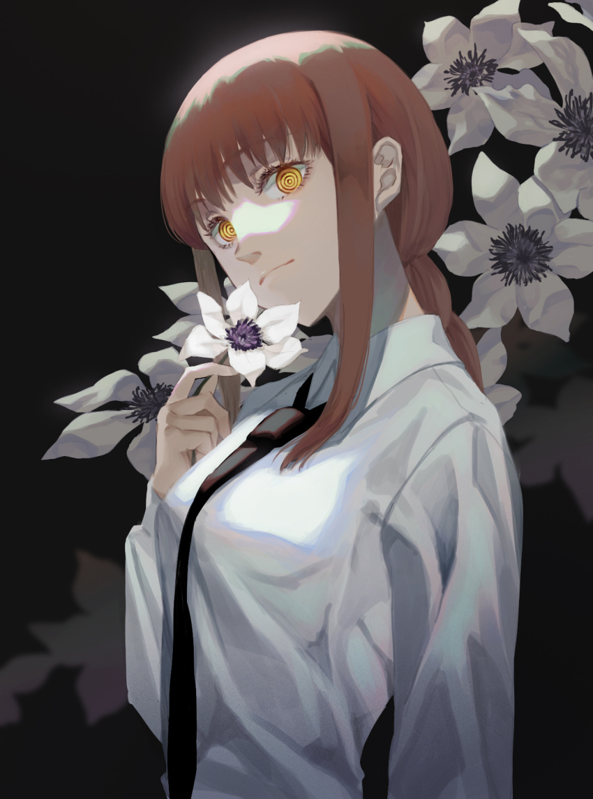 1girl black_background black_necktie braid braided_ponytail breasts chainsaw_man champi closed_mouth collared_shirt commentary dress_shirt eyebrows_visible_through_hair eyelashes flower highres holding holding_flower light_smile long_sleeves looking_at_viewer makima_(chainsaw_man) medium_breasts medium_hair necktie redhead ringed_eyes shirt sidelocks simple_background solo upper_body white_flower white_shirt wing_collar yellow_eyes