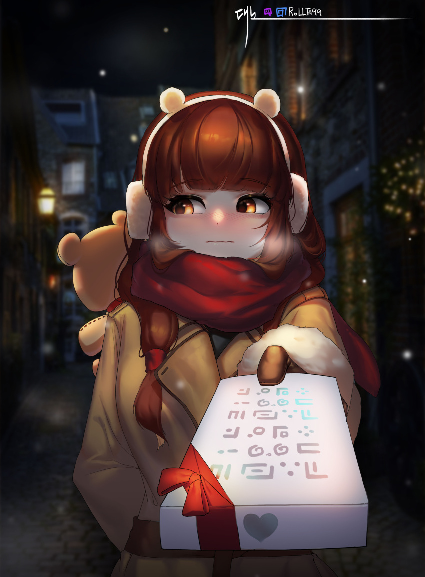 1girl absurdres arm_behind_back bangs blunt_bangs blurry blurry_background blush brown_eyes brown_gloves brown_hair closed_mouth coat daeno earmuffs exorcist_miya eyebrows_visible_through_hair fur-trimmed_sleeves fur_trim gift gloves guardian_tales heart highres holding holding_gift incoming_gift lamppost long_hair looking_to_the_side night outdoors red_scarf scarf snowing solo stuffed_animal stuffed_toy teddy_bear twitter_username upper_body wavy_mouth winter winter_clothes