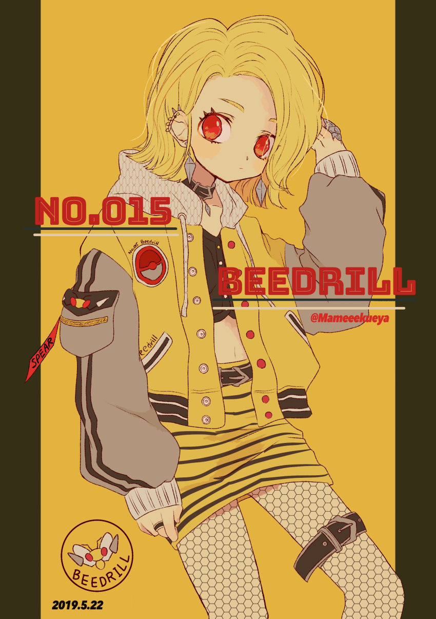 1girl absurdres beedrill blonde_hair character_name collar cowboy_shot dated drawstring earrings expressionless fishnet_legwear fishnets highres honeycomb_(pattern) jewelry long_sleeves looking_at_viewer mameeekueya midriff navel personification pokedex_number pokemon red_eyes ring short_hair solo twitter_username