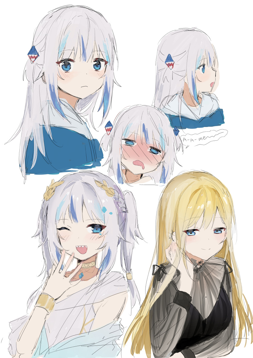 2girls absurdres blonde_hair blue_eyes blue_hair blush breasts desutruction english_text flat_chest gawr_gura highres hololive hololive_english long_hair looking_at_viewer medium_breasts medium_hair multiple_girls official_alternate_costume saliva silver_hair virtual_youtuber watson_amelia