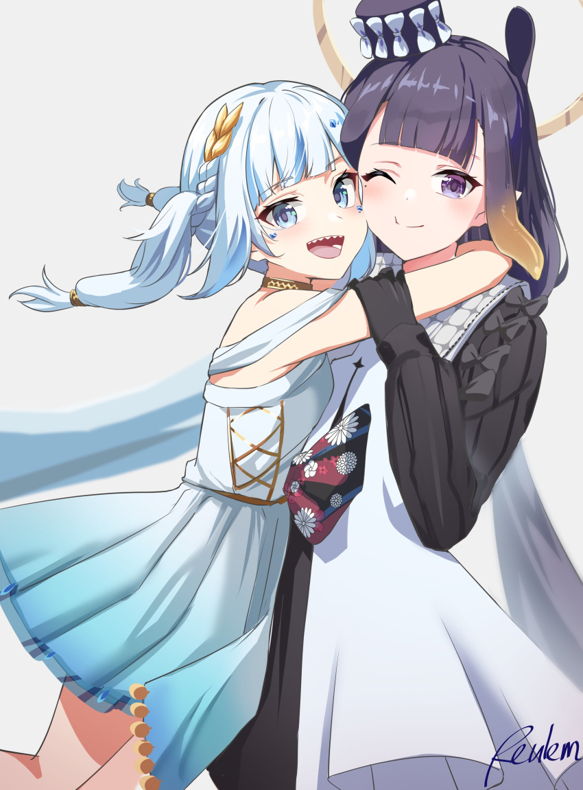 2girls absurdres black_eyes black_gloves black_hair blue_dress blue_eyes blue_hair dress eyebrows_visible_through_hair gawr_gura gloves gradient_dress hand_on_another's_arm highres hololive hololive_english hug mole mole_under_eye multicolored_hair multiple_girls ninomae_ina'nis one_eye_closed reulem sharp_teeth smile streaked_hair teeth tentacle_hair twintails virtual_youtuber white_dress