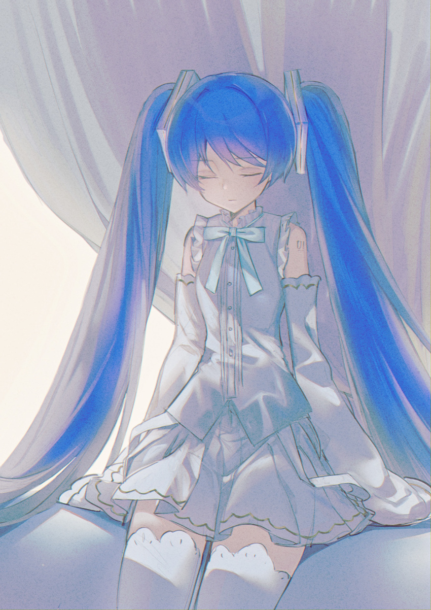 1girl blue_hair blue_ribbon closed_eyes closed_mouth commentary_request detached_sleeves dress expressionless eyebrows_visible_through_hair frilled_dress frills grey_dress grey_skirt hatsune_miku highres hoshikani long_hair number_tattoo pleated_skirt ribbon sitting skirt sleeveless sleeveless_dress sleeves_past_fingers sleeves_past_wrists solo tattoo thigh-highs twintails very_long_hair vocaloid white_legwear